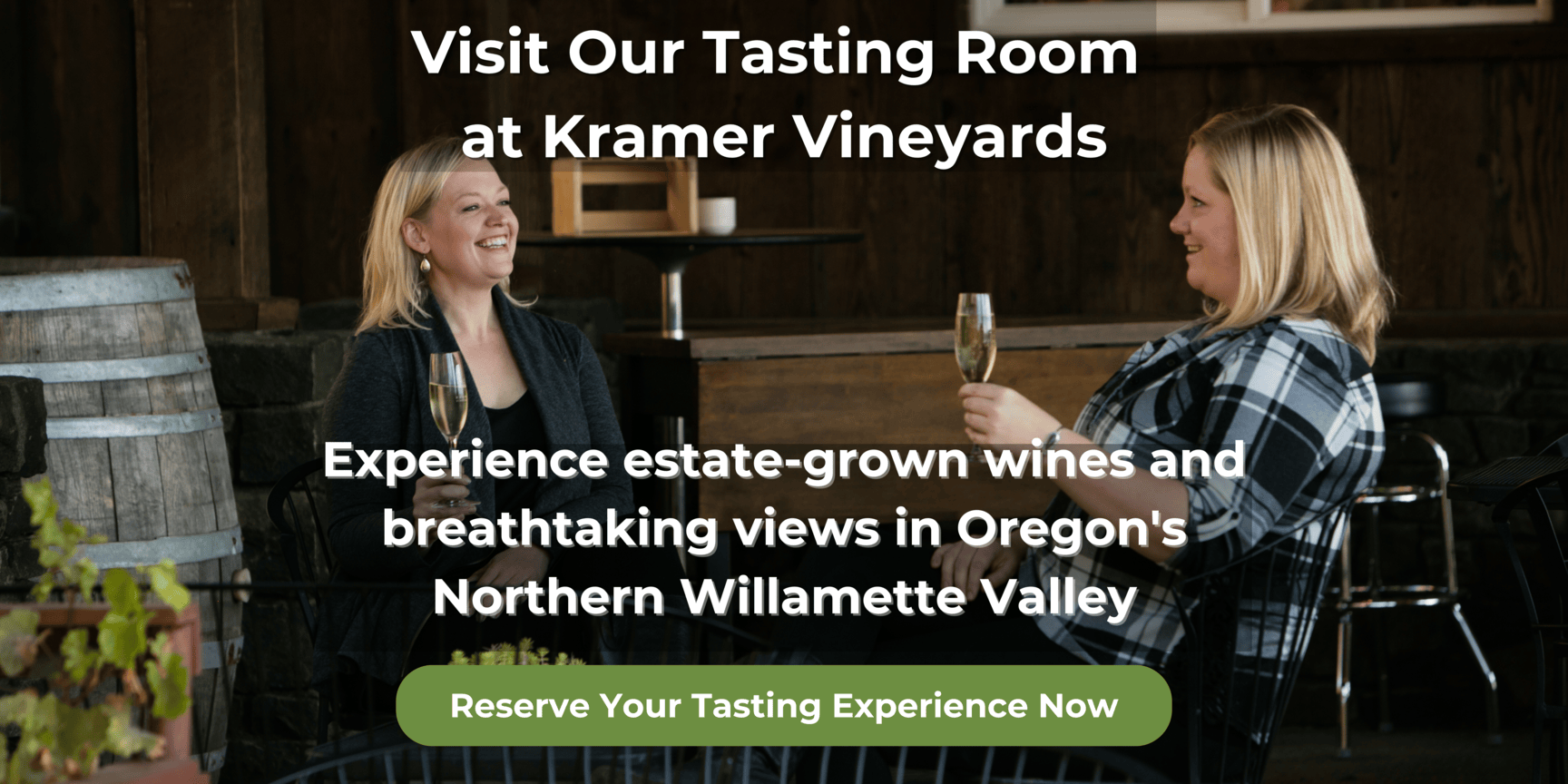 Guests enjoying wine at Kramer Vineyards Tasting Room with a call-to-action for reservations